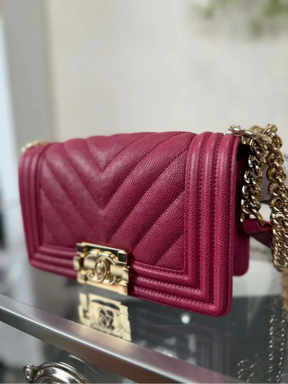 CHANEL Boy Chevron Quilted Crossbody Bag in Deep Berry with Gold Hardware